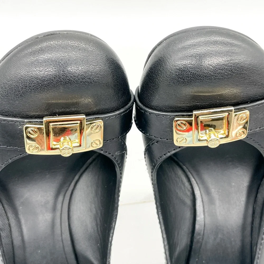 Tory Burch Womens 8.5M Pump Heels Shoes Black Leather Gold Buckle Office Classic